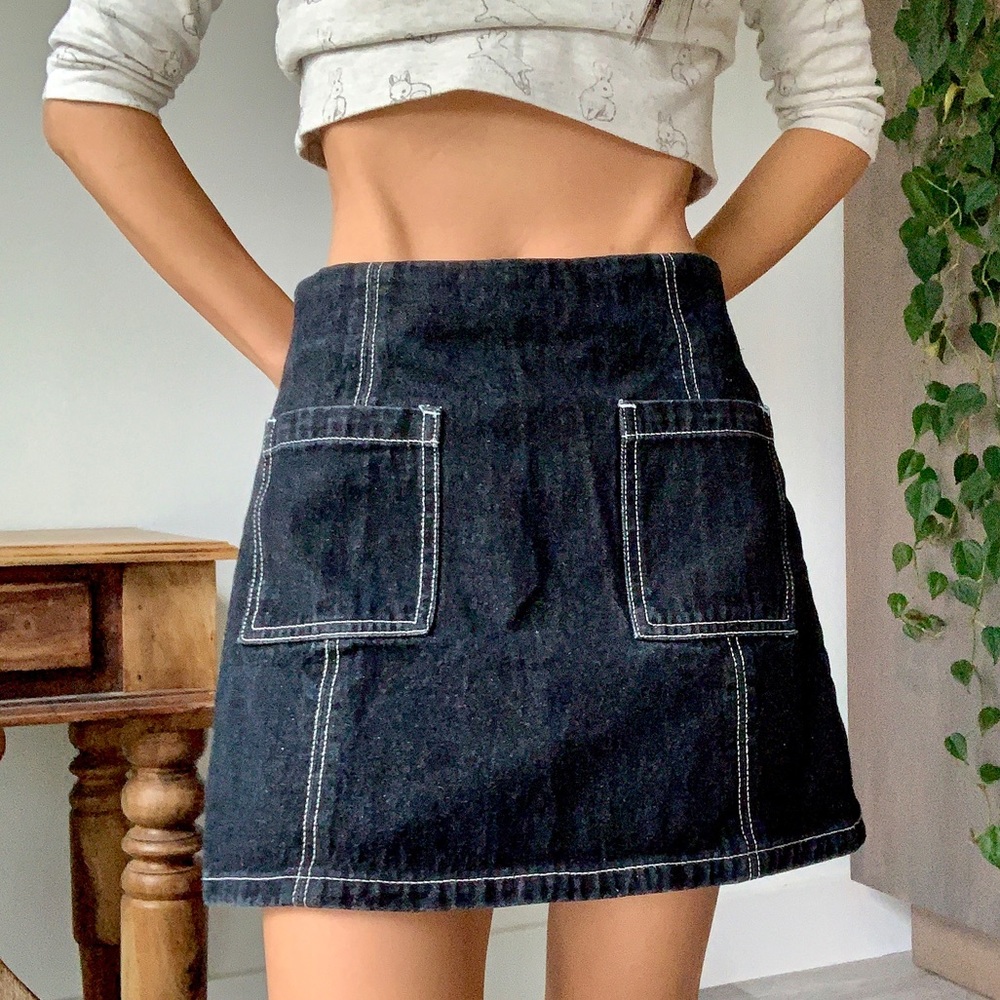 Dark denim mini skirt with contrast stitching designed in LA